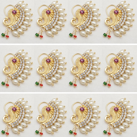 Elevate your traditional look with our Pecock Style With Pearls Gold Plated Nath Combo