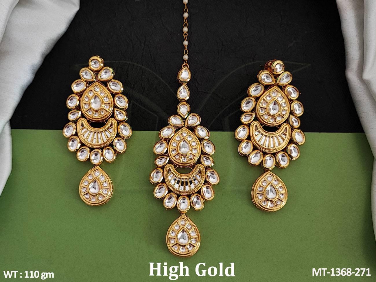 This Fancy Design Party wear Kundan Maant Tikka with Earring features a high gold polish and beautiful Kundan stones.