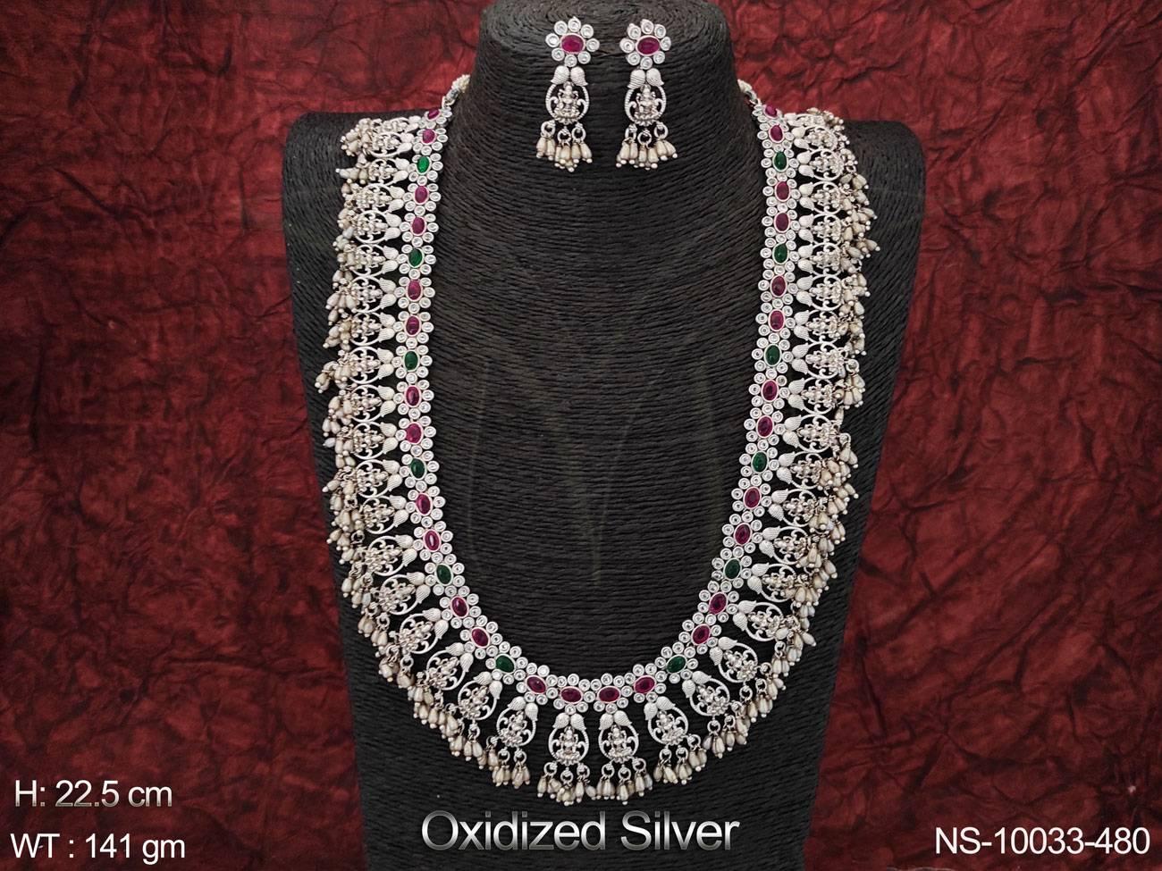 Guttapusalu Oxidised Silver Polish Designer Long Haram Necklace Set