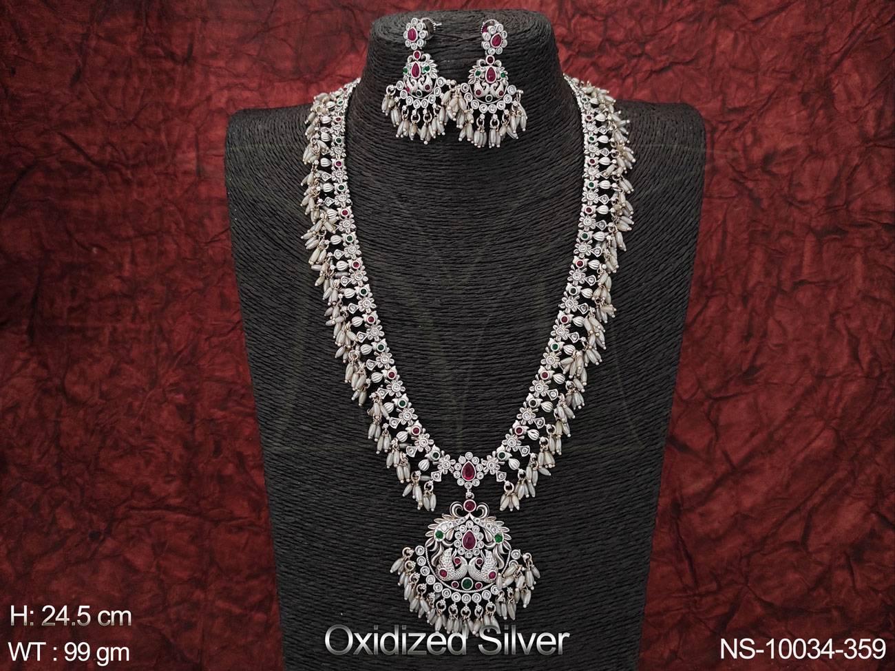 Beautiful Oxidised Silver Polish Party wear Long Haram Guttapusalu Necklace Set