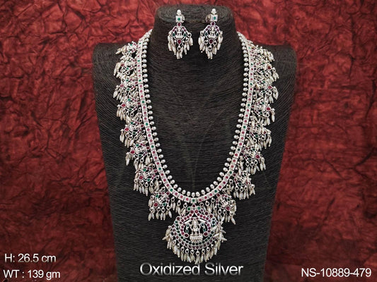 God Laxmi Design Pendant Guttapasalu Oxidised Silver Party wear Fancy Style Long Oxidised Jewellery Necklace Set