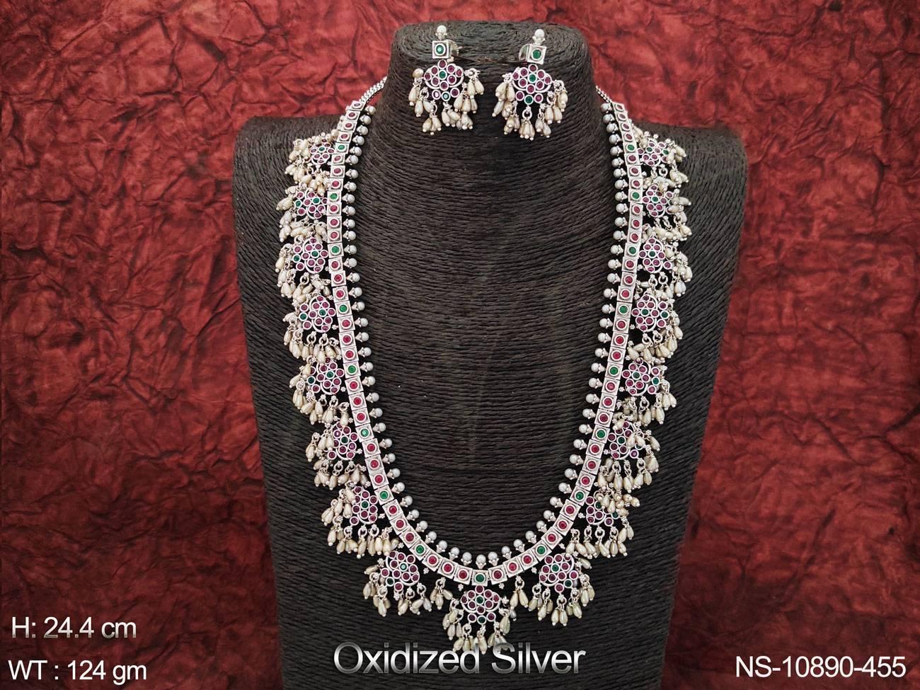 Oxidized Silver Polish Fancy Design Special Navratra Jewelry Beautiful Long Oxidized Necklace Set