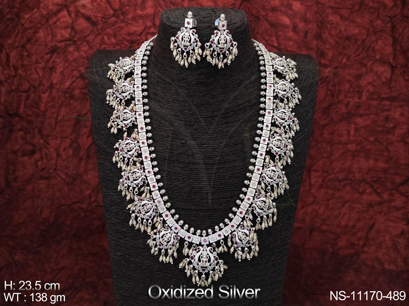 Design Fancy Style Oxidised Silver Temple Jewellery Long Necklace Set