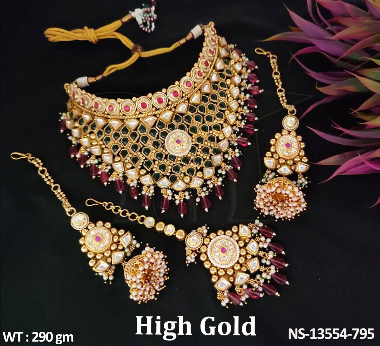 Elevate your style with our Beautiful Designer Fancy Style High Gold Polish Kundan Heavy Choker Necklace Set.