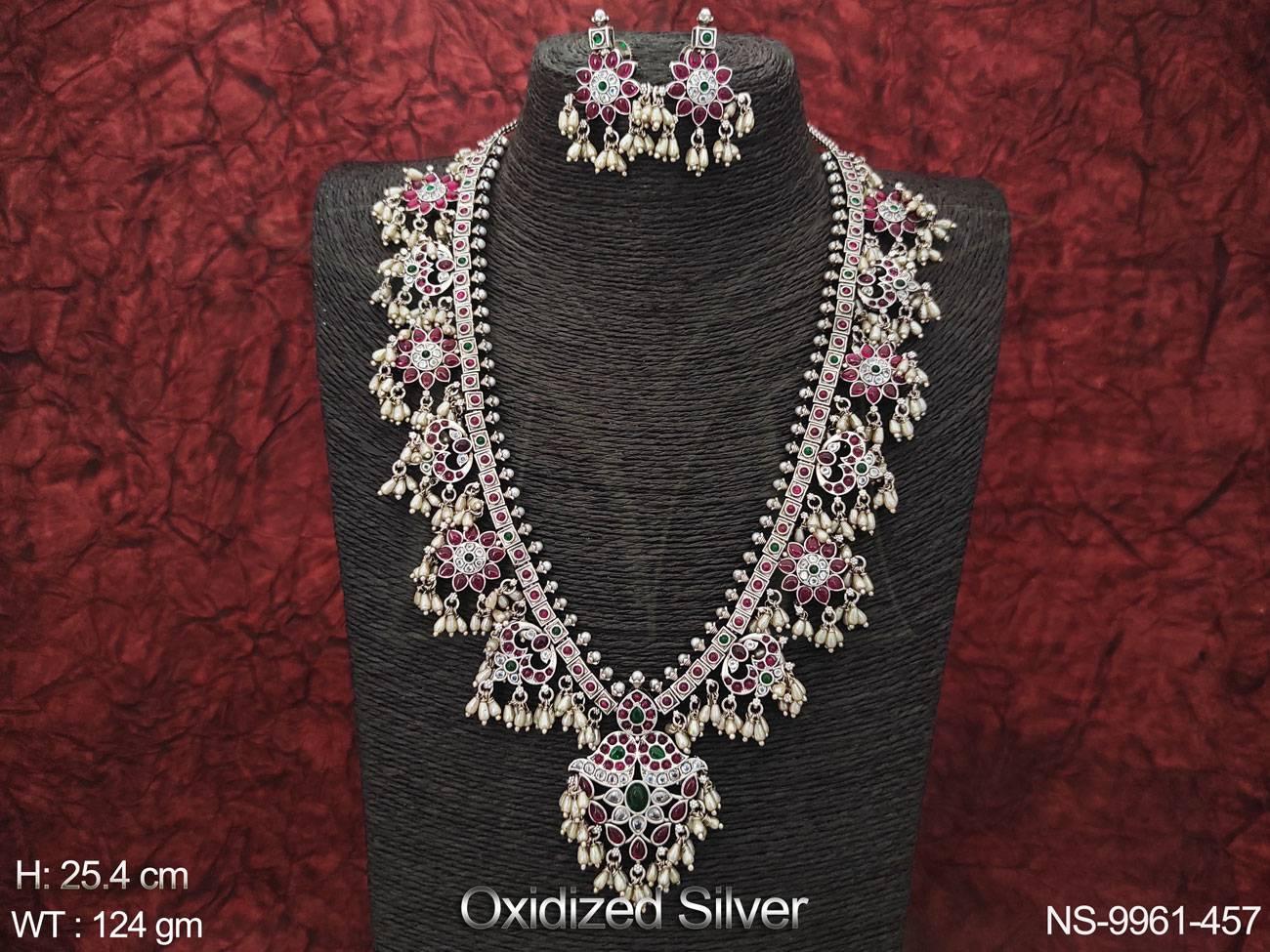 Beautiful Fancy Design Party wear Long Oxidised Silver Kemp Necklace Set