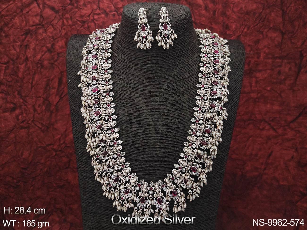 Oxidised Sliver Polish Designer Fancy Design Long Temple Necklace Set