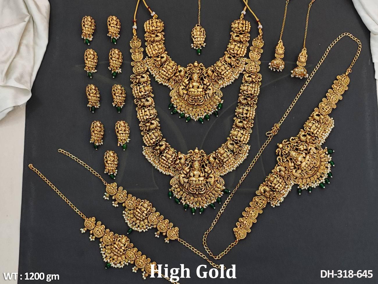This Wedding Collection Heavy Temple Jewllery Temple Dulhan set has a high gold polish finish in a fancy, elegant style.