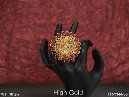 Experience luxury and elegance with our Fancy Style Laxmi Design High Gold Polish Finger Ring.