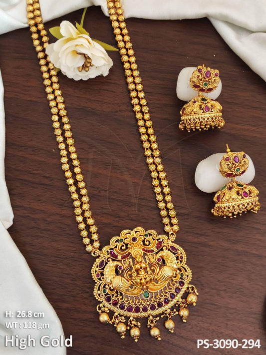This beautifully crafted High Gold Polish Designer God Laxmi Pendant Long Temple Jewellery