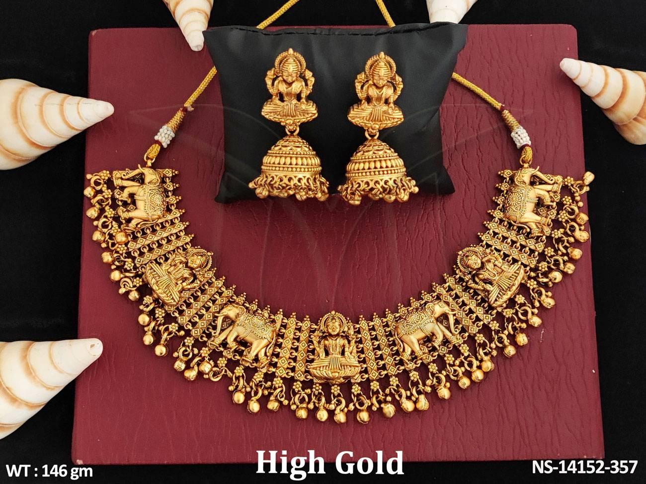 Antique Jewellery Necklace Set is crafted with an eye-catching gold polish and elegant vintage design, featuring elephant and lakshmi motifs.