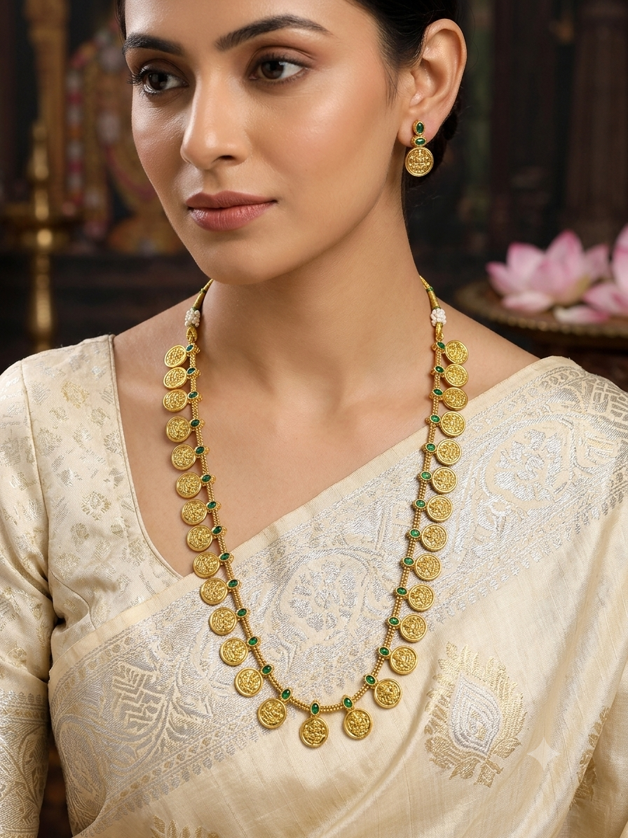 Laxmi Coin Green Long Necklace Set