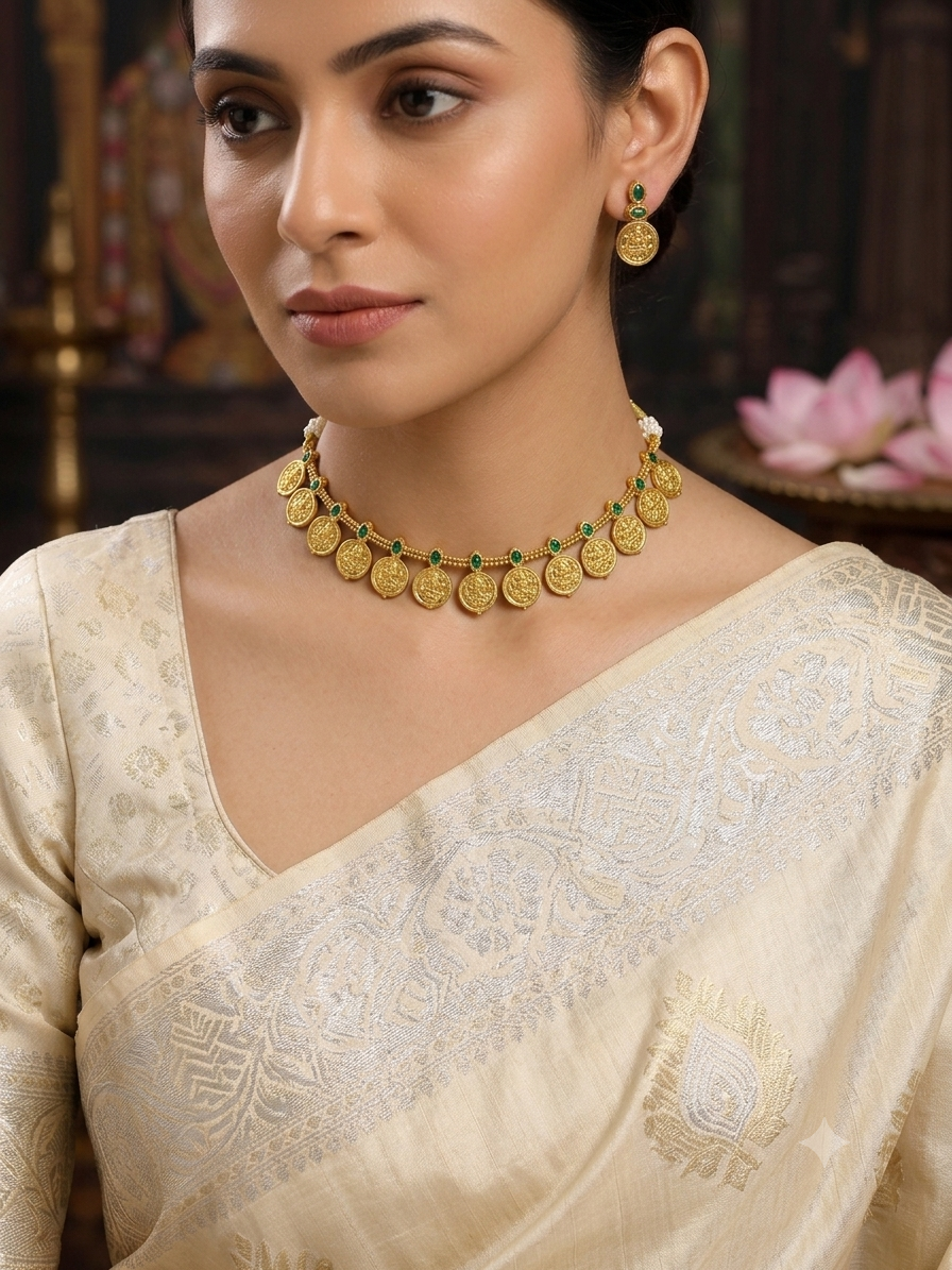Laxmi Coin Green Short Necklace Set