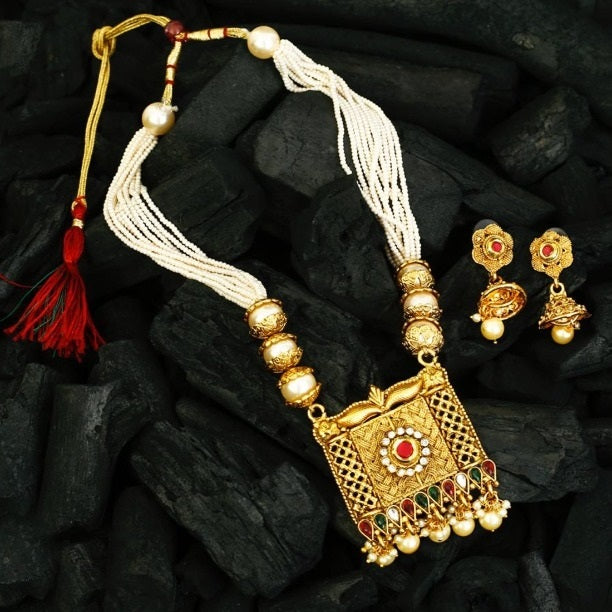 Gold Plated Pearls & Kundan Mala Necklace Set With Earring