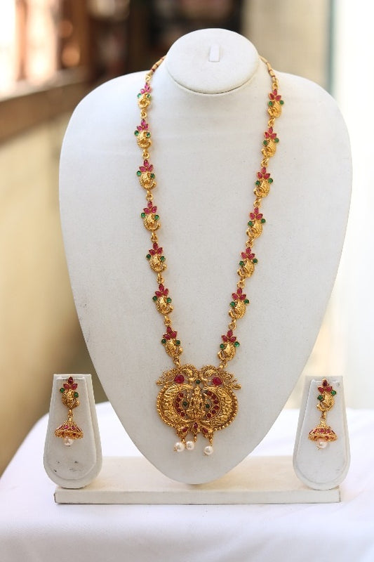 Traditional South Laxmi With Pearls work Temple Jewellery Long Necklace Set for Women