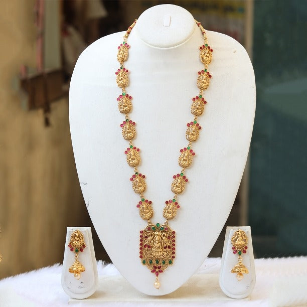 Appealing Laxmi Temple Gold Plated Necklace Set For Women