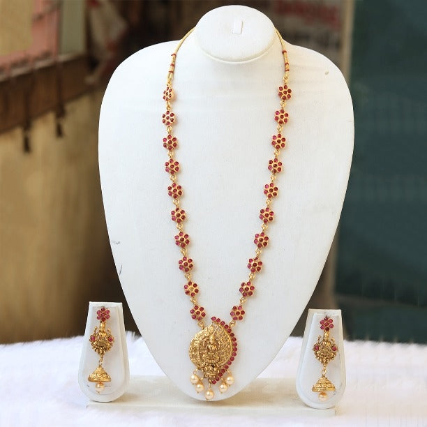 Brilliant maroon Temple Gold Plated Necklace Set For Women