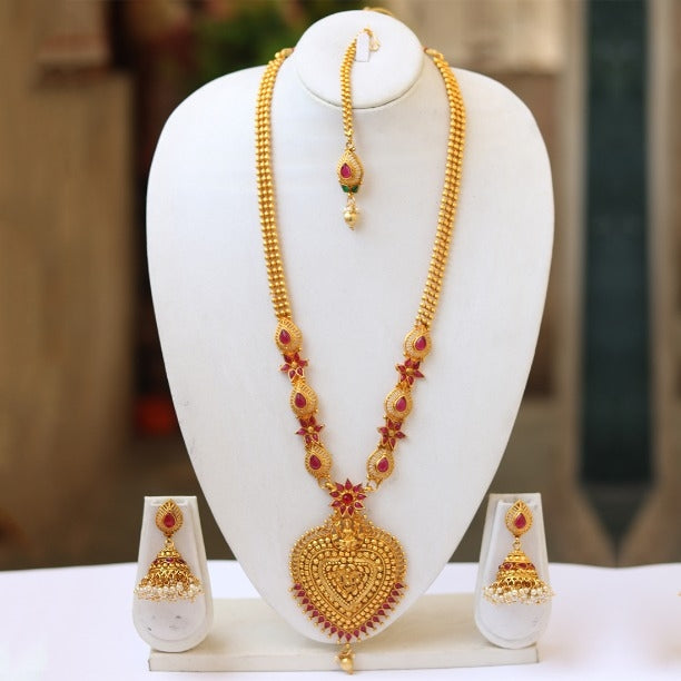 Kamp red traditional Golden Long Necklace Set