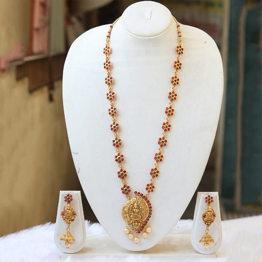 Brilliant Green maroon Temple Gold Plated Necklace Set For Women