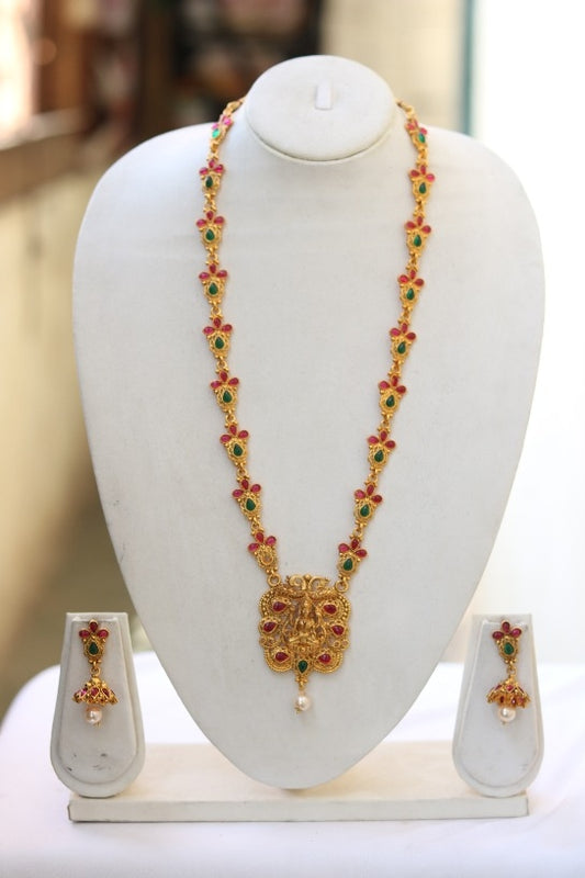 Green Maroon Flower Design patta With Laxmi Long Necklace for Women