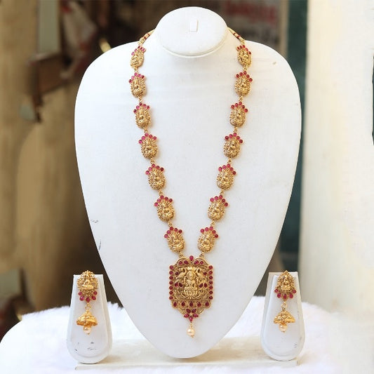 Appealing Laxmi Temple Gold Plated Necklace Set For Women