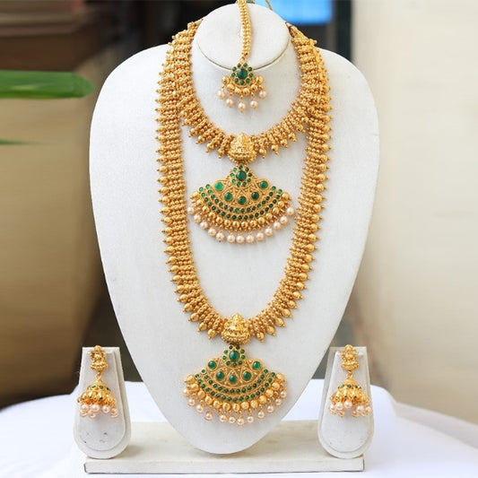 Traditional Royal Gold Plated Pearl Double Haram Necklace Set for Women and Girls