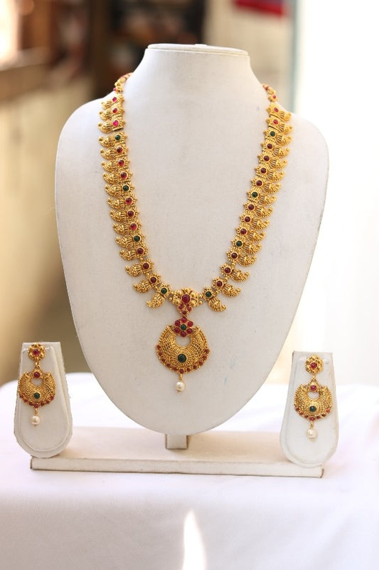 Traditional With Green Maroon Work Long Necklace for Women