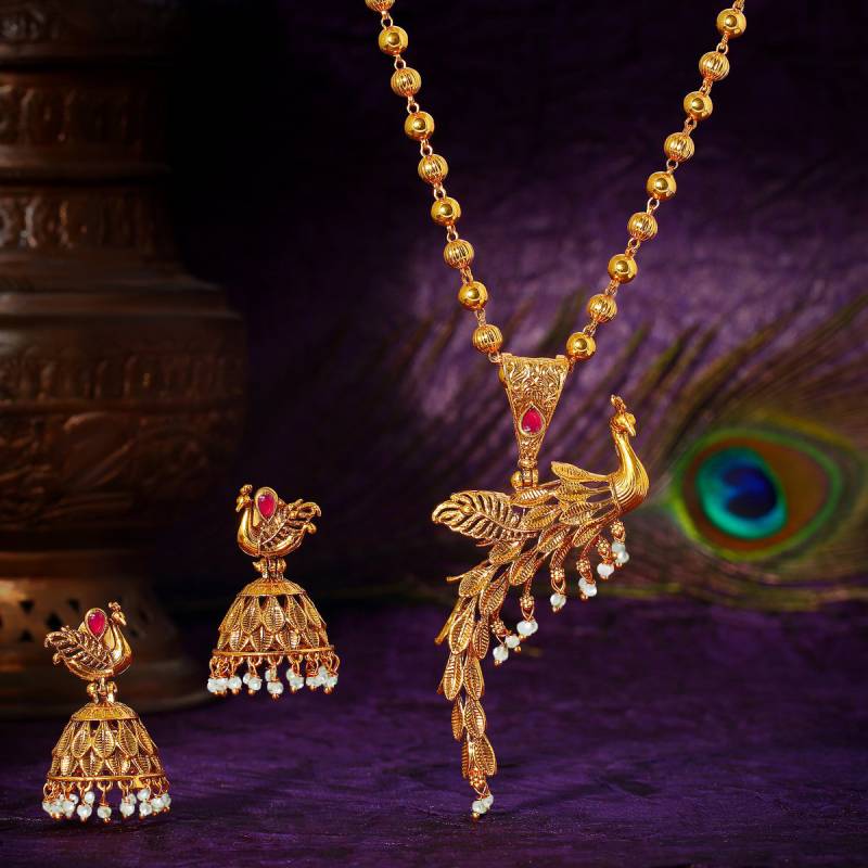 Look Ethnic Gold Plated Long Peacock Necklace with earring