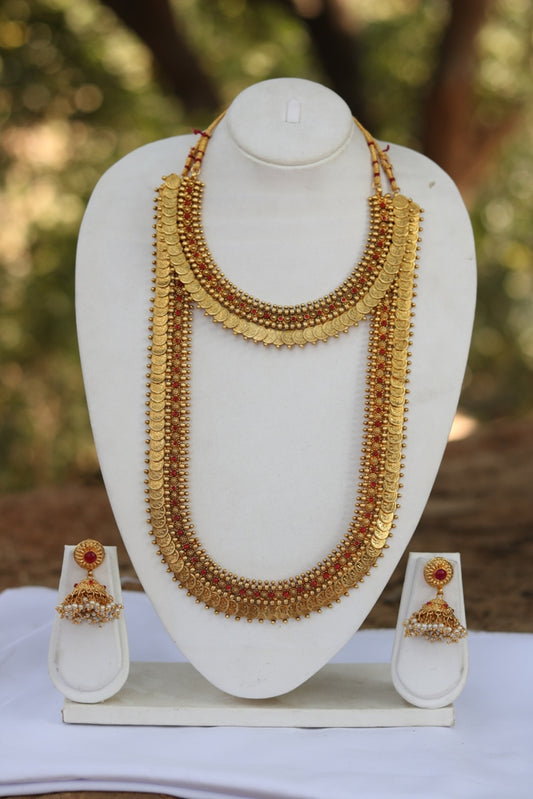 Laxmi Coin Gold Plated Maroon Kundan Haram Necklace Set