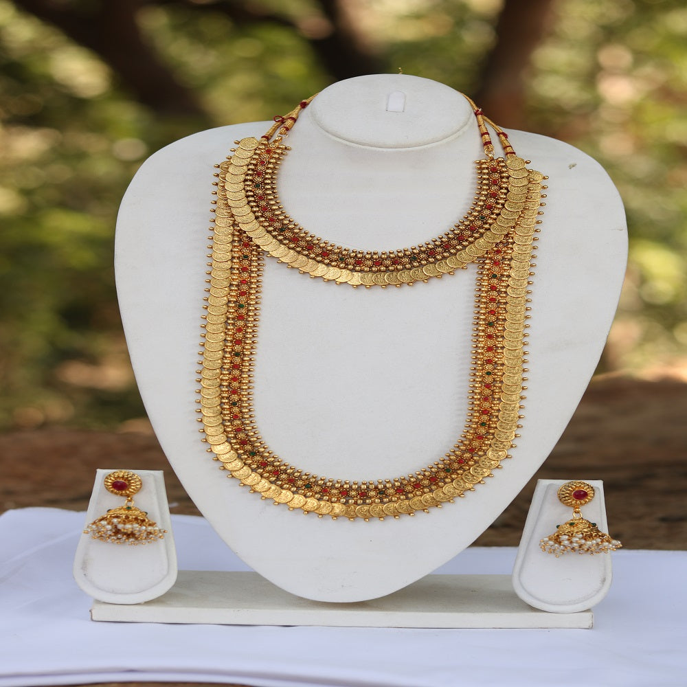 Laxmi Coin Gold Plated Green Maroon Kundan Haram Necklace Set