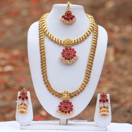 Laxmi Gold Plated Maroon Kundan Flower Design Haram Necklace Set