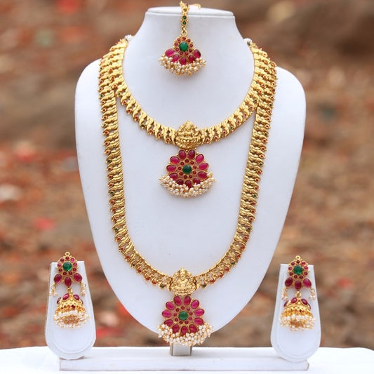 Laxmi Gold Plated Green Maroon Kundan Flower Design Haram Necklace Set