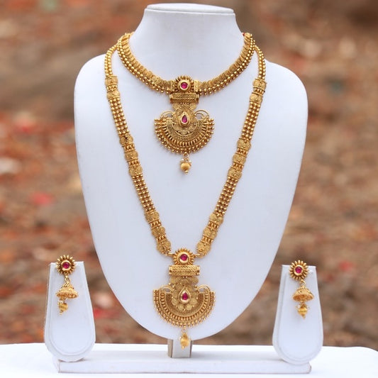 Gold Plated Maroon Ruby Kundan Haram Necklace Set