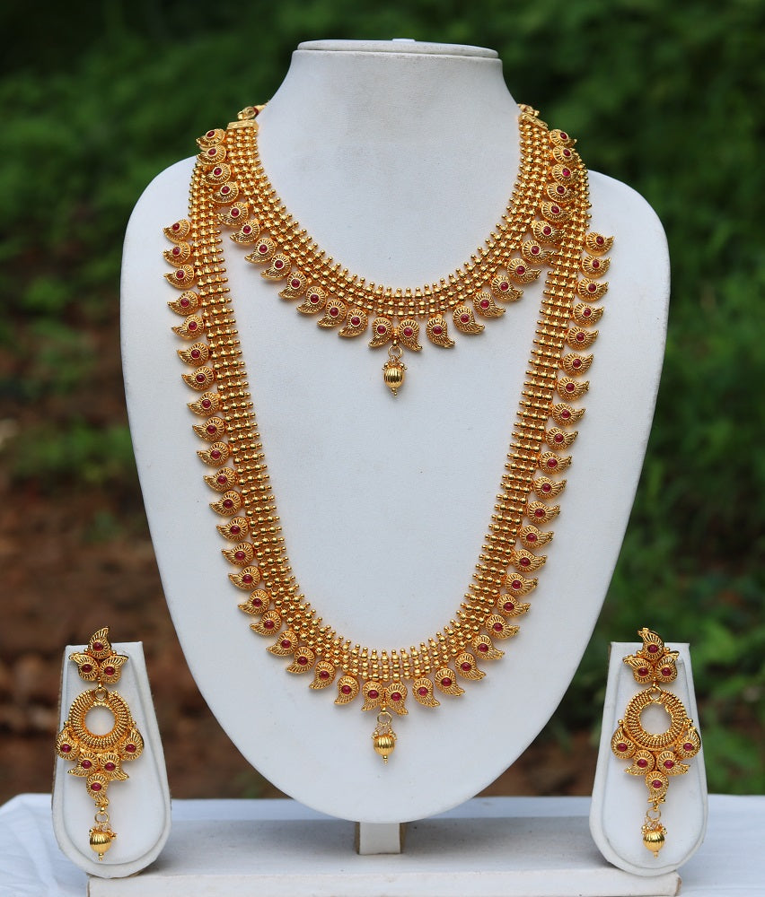 Gold Plated Maroon kundan Haram Necklace Set