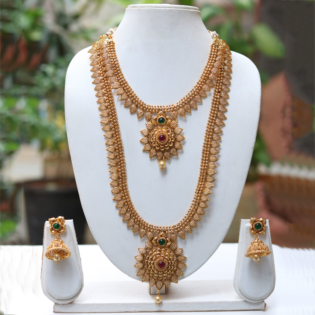 Gold Plated Green Maroon Kundan Haram Necklace set