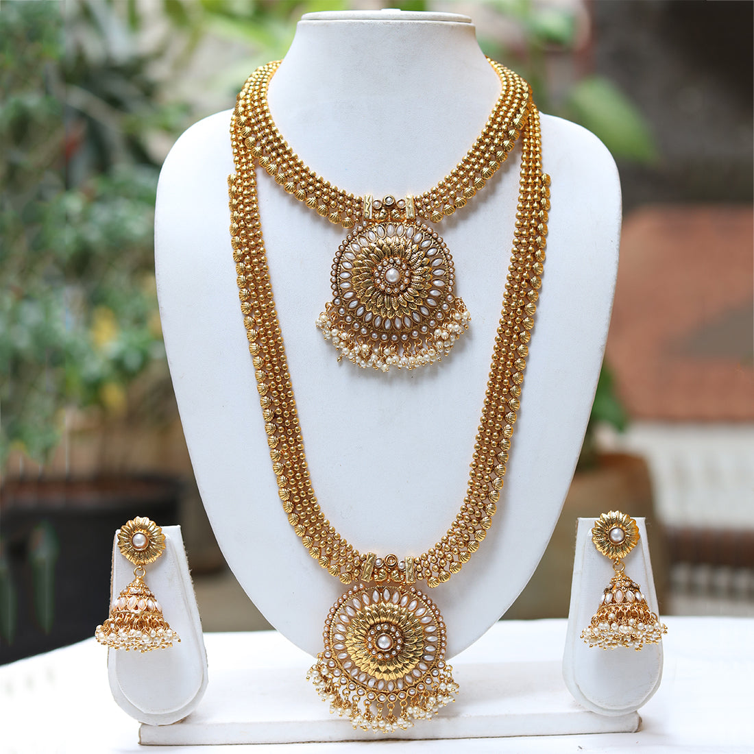 Gold Plated White Kundan Haram Necklace Set