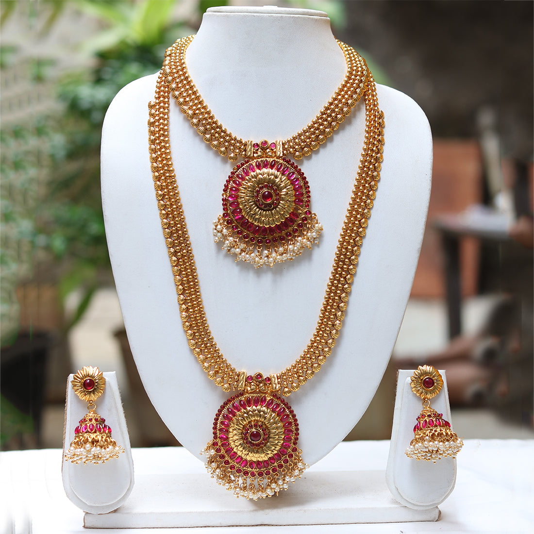 Gold Plated Maroon Kundan Haram Necklace Set