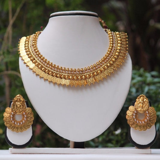 White Stone Laxmi Temple Coin Gold Necklace Set