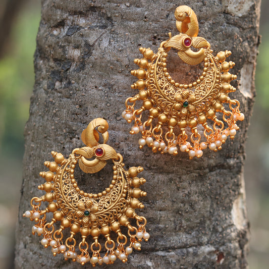 Matt Gold Plated Chandbali With Pearls Earrings