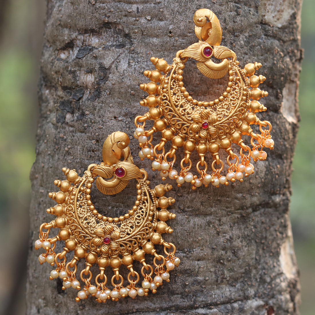 Matt Gold Plated Chandbali With Pearls Earrings