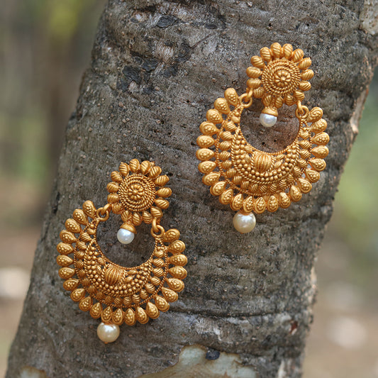 Matt Gold Plated Half Chand Shape With Pearls Earrings