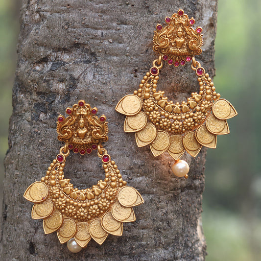 Matt Gold Plated Laxmi Coin With Pearls Earring