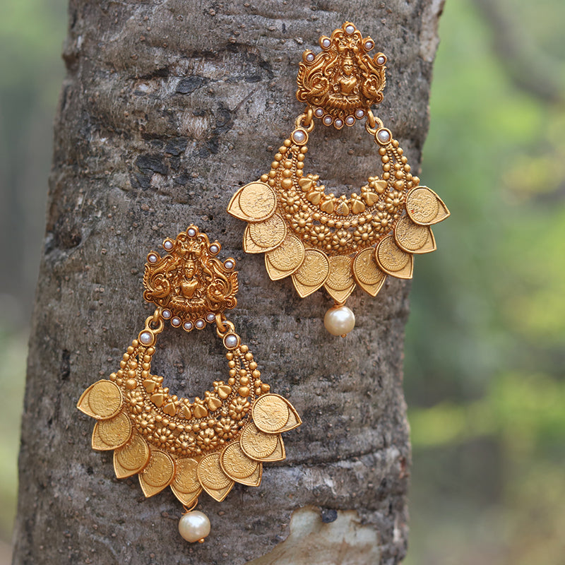 Matt Gold Plated Laxmi Coin With Pearls Earring