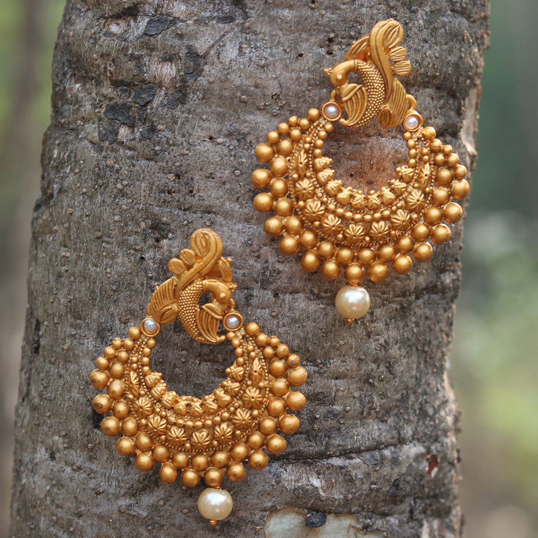 Matt Gold Plated Peacock Style With Pearls Earring