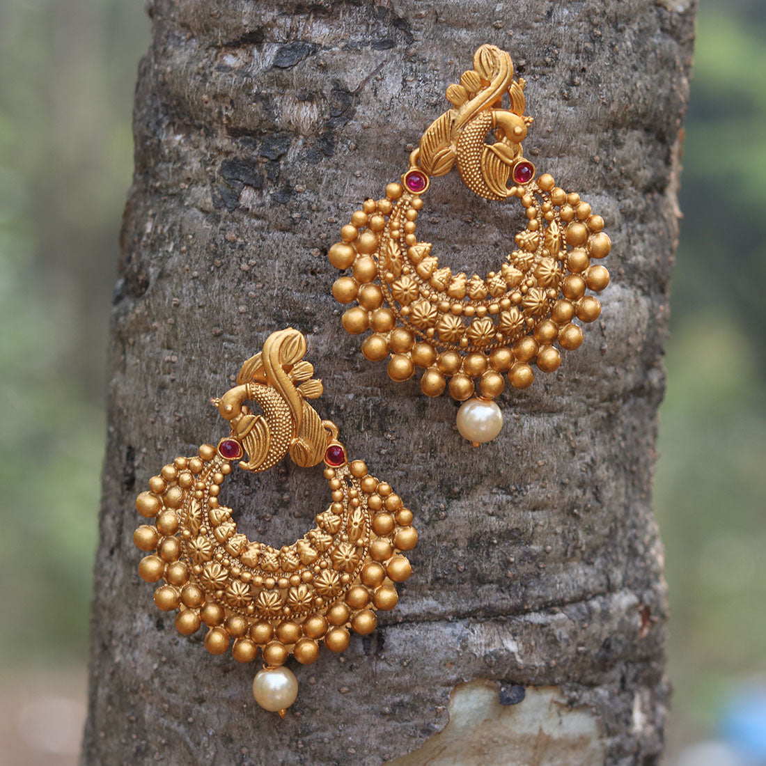 Matt Gold Plated Peacock Style With Pearls Earring