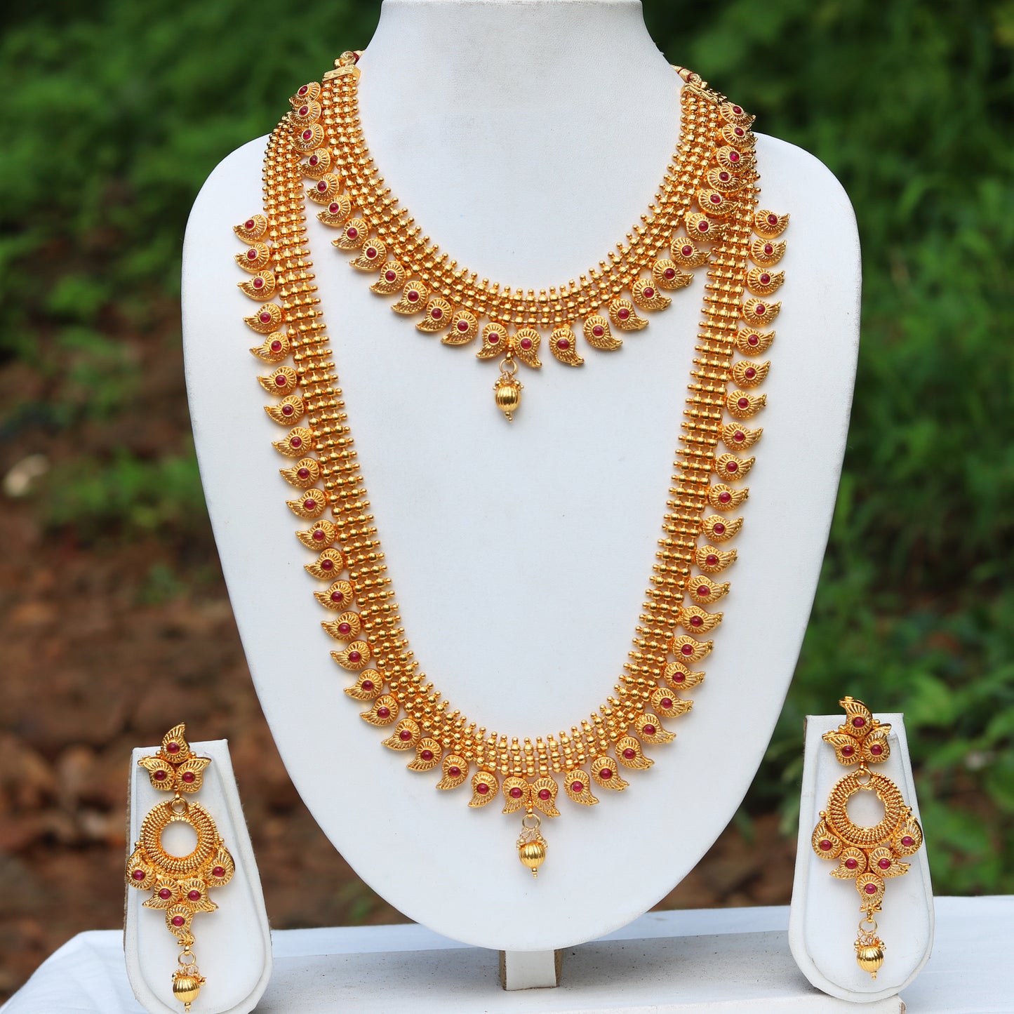 Traditional Gold Look Maroon Kempu Peacock Design Haram Set