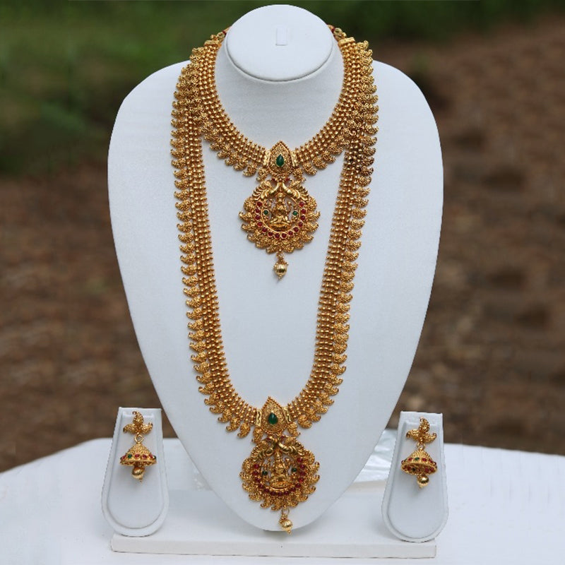 Gold Plated Laxmi Green Maroon Ruby Haram Necklace Set