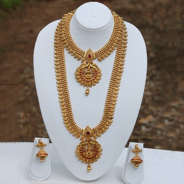 Gold Plated Laxmi Green Maroon Ruby Haram Necklace Set