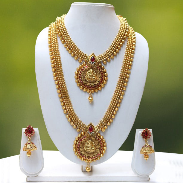 Wedding Gold Plated Long Haram Wedding Necklace with Jhumki Earring Set
