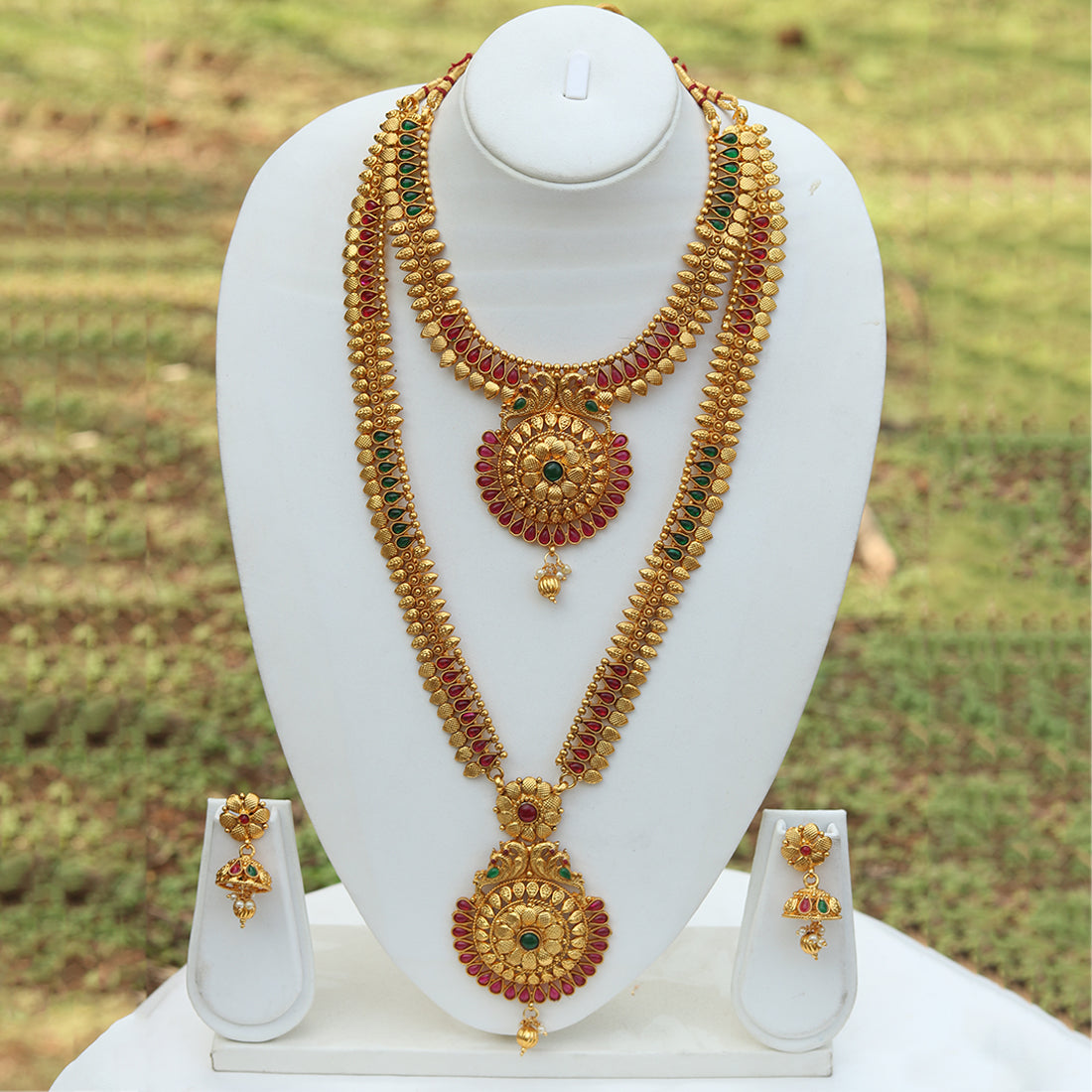 Amazing Bridal Look Gold Plated Long Haram Wedding Necklace with Jhumki Earring Set
