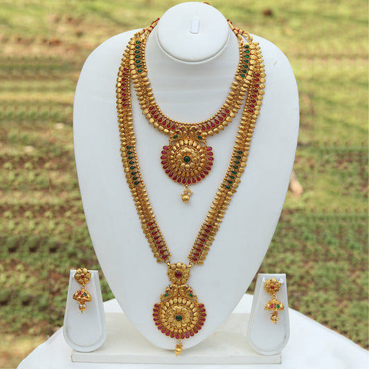 Amazing Bridal Look Gold Plated Long Haram Wedding Necklace with Jhumki Earring Set